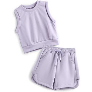 Girls 2 Piece Outfits 2025 Trendy Clothes Summer Cute Sleeveless Tops Shorts Clothing Sets Activewear (Purple)
