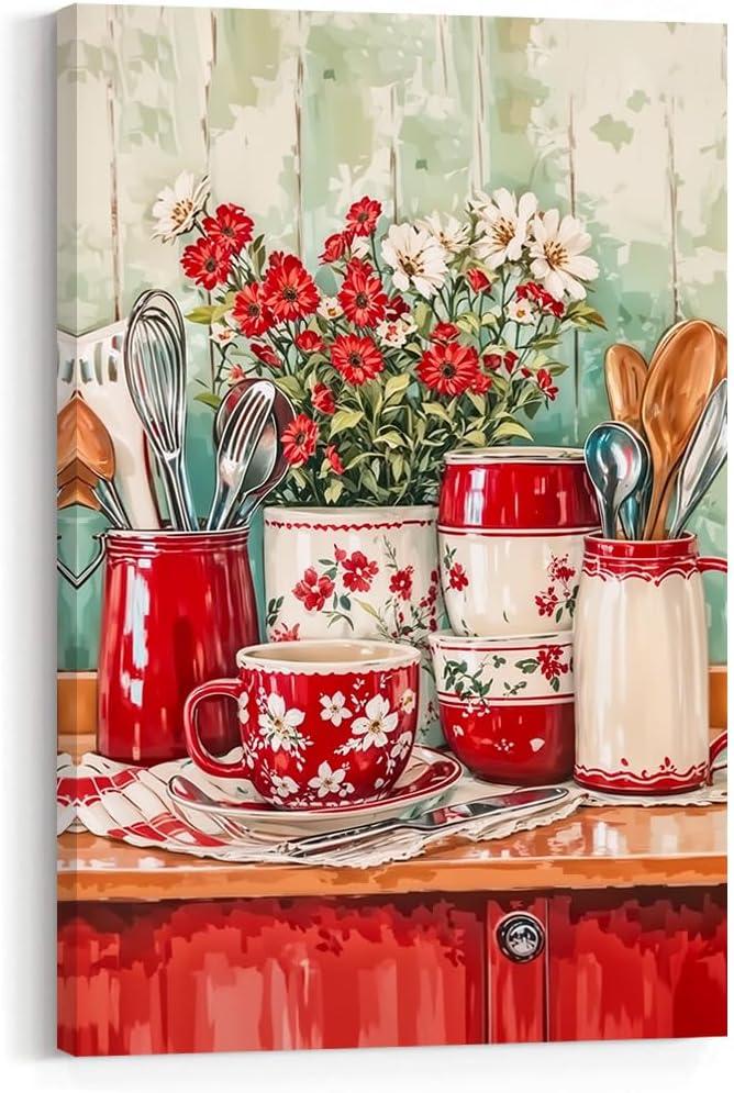 CCWORKERRY Retro Kitchen Wall Art Knife and Fork Picture Tableware Canvas Prints Red and White Flower Painting Farmhouse Restaurant Wall Decor Framed(Red,12L x 18W)