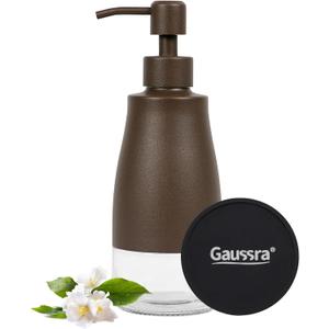 Gaussra Matte Brown Soap Dispenser with Coaster and Stickers, Stainless Steel and Glass Bottle Hand Pump Dispenser, Refillable Liquid Hand Soap Dispenser for Bathroom & Kitchen (11OZ / 320ML)