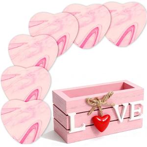 Valentines Coasters for Valentines Day Gifts, Pink Hearts Coasters Set of 6, Girlys Cute Coaster for Drink, Love Wood Coaster with Holder for Coffee, Valentines Day Table Decorations