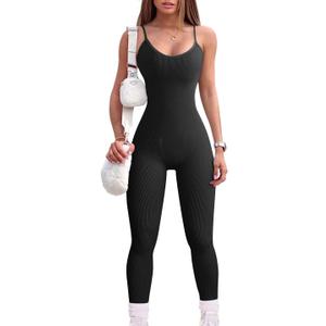 Women Workout Seamless Jumpsuit Yoga Ribbed Bodycon One Piece Spaghetti Strap Leggings Romper (Small, 01black)