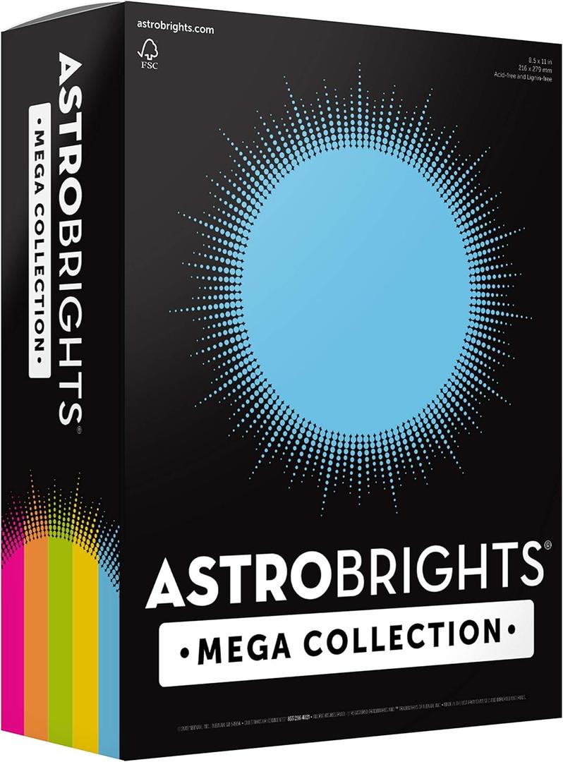 Astrobrights Mega Collection, Colored Paper, "Brilliant" 5-Color Assortment, 625 Sheets, 24 lb/89 gsm, 8.5" x 11 - MORE SHEETS! (91684)
