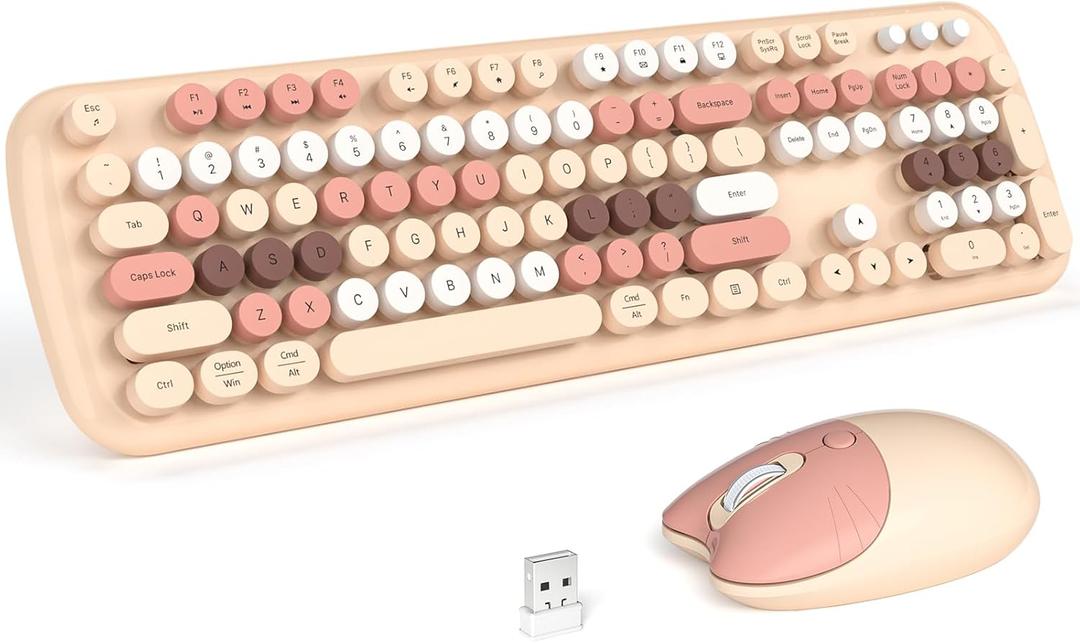 Wireless Keyboard and Mouse, Full Size Typewriter Keyboard and Cute Cat Shape Design Mouse Combo for Windows 7/8/10, Laptop, Desktop, PC, Computer (Milk Tea) 