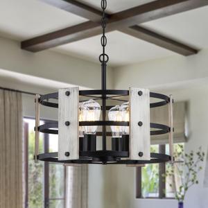 3WWWUEE 18‘’ Chandelier Farmhouse Style Black and Wood Hanging Light Fixture 4-Light Pendant Lighting with 47'' Height Adjustable Chain Dining Room, Living Room, Kitchen Island E12 Base - AJ9013P4WDBK