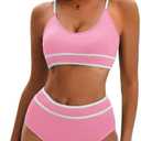Century Star High Waisted Bikini Sets for Women Sporty Two Piece Swimsuit Ribbed Color Block Bathing Suit, XL, Pink