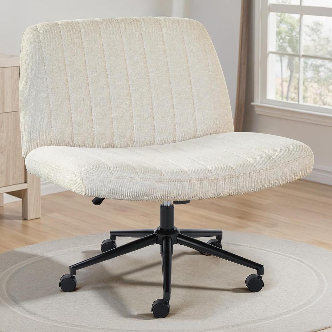 OLIXIS Criss Cross Chair with Wheels Wide Cross Legged Office Desk Vanity Chair Comfy Fabric Armless Adjustable Swivel for Home Computer Task Fabric Beige, Luxurious, 26.3"D x 25.6"W x 31.5"H