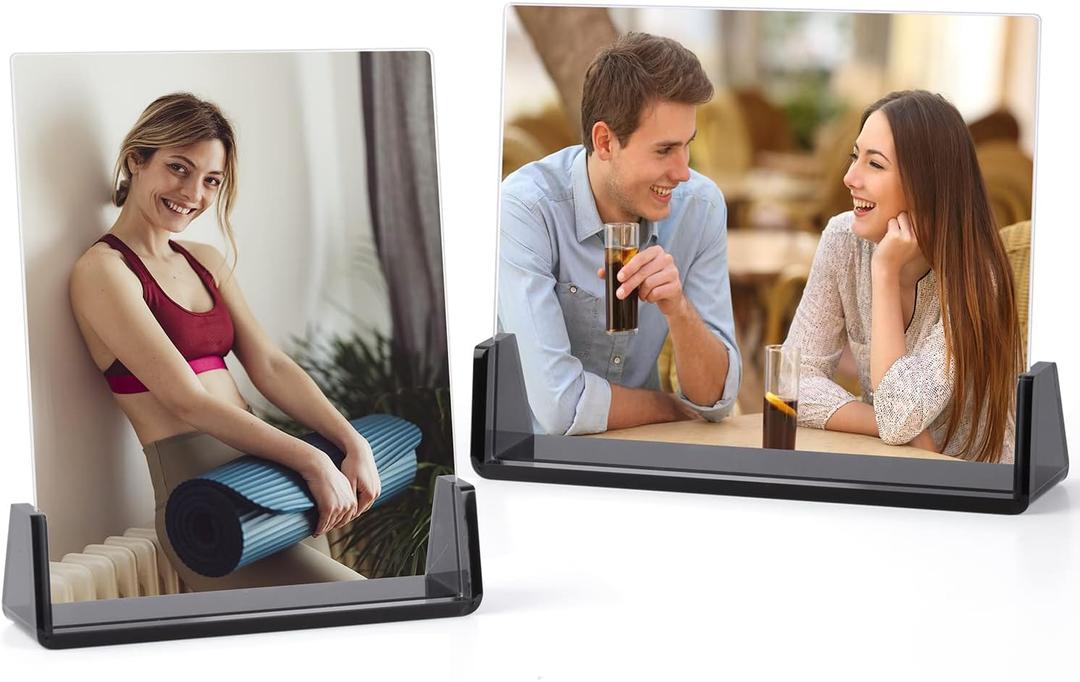 8x10 Acrylic Picture Frames 2 Pack, Frameless Photo Frame with Translucent Black Acrylic Base Stand for Tabletop or Desktop Horizontal and Vertical Display