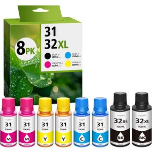31 32XL Ink Bottle Set, Smart Tank 651 7602 5101 6001 Ink Refill Compatible with HP 31 Ink 32XL Black Ink Bottle Set for Smart Tank 5101 7602 7301 5000 651 5103 6001 7001 7302 5102 7002 7006 (8 Pack)