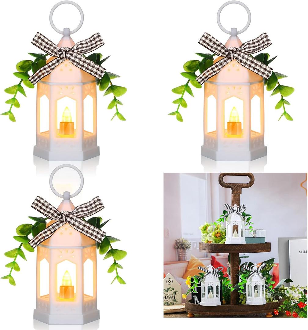 3 Pcs LED Lanterns Farmhouse Spring Tiered Tray Decor Lanterns Rustic Decoration with LED Candle Hanging Rings Eucalyptus Buffalo Plaid Bow for Table Centerpieces Home Coffee Bar Wedding Decor(White)