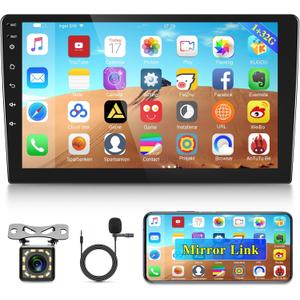 10.1 inch Android Double Din Car Stereo, [1G+32G] Touch Screen Android Radio with Wireless&Wired Mirror Link/1080P/EQ/WiFi/SWC/Bluetooth +Backup Camera+MIC