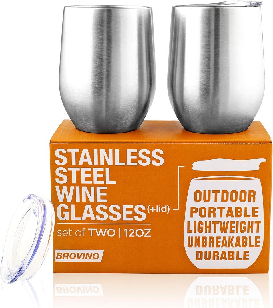Stainless Steel Wine Glasses with Lid - 12 oz Double Wall Insulated Outdoor Wine Tumblers - 100% Unbreakable & Stemless Glass - Wine Tumbler Set for Outdoor : Wine, Coffee & Camping (2)