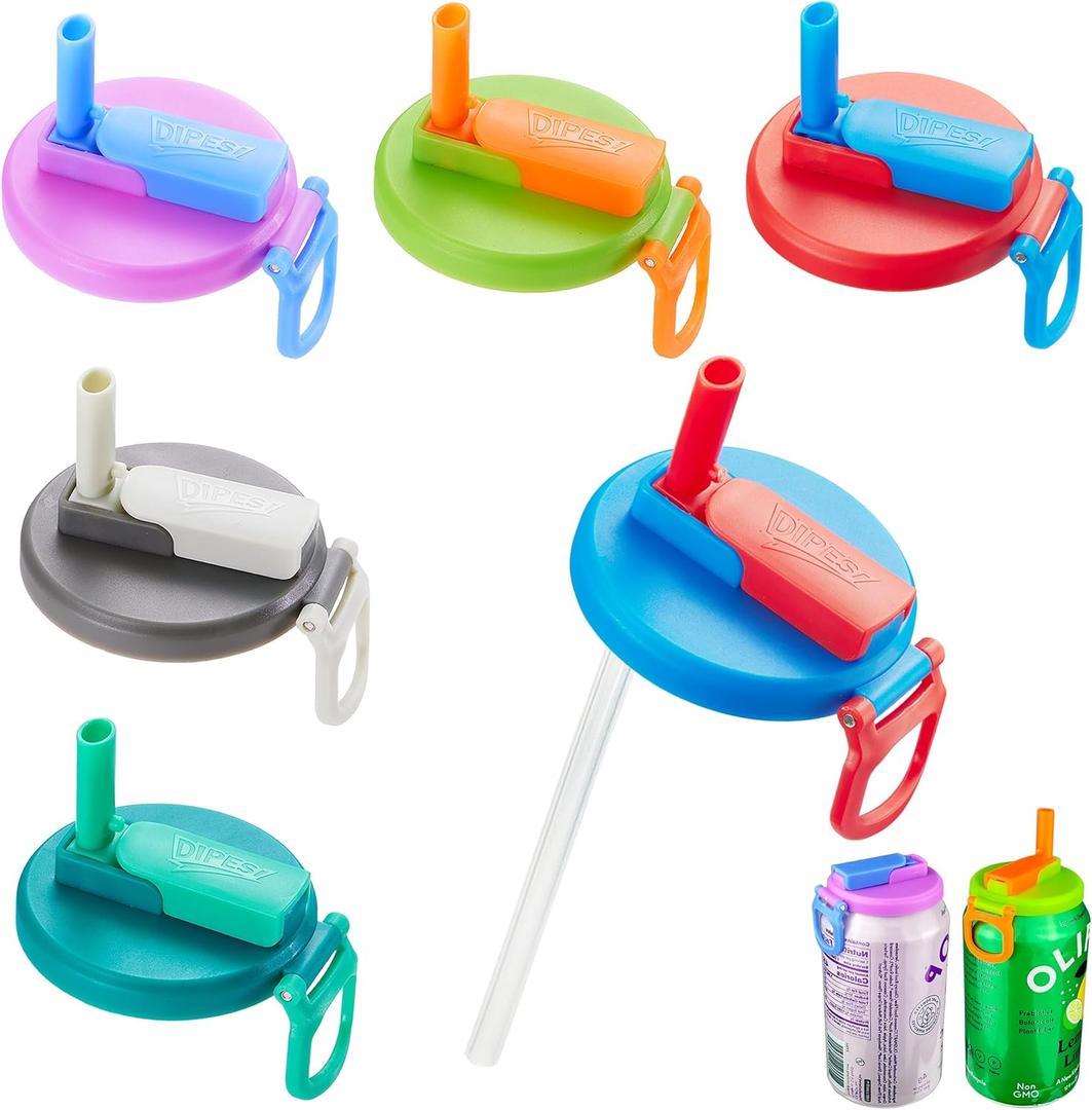 6 pack 6 color Soda Can Lids with Straws, Reusable Silicone Straws Soda Can Covers, BPA-Free,Airtight Seal, Easy to Use, Prevents Spills, Fits Standard Cans.