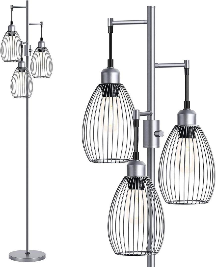 Nintiue Dimmable Floor Lamp, 3 x 800LM LED Edison Bulbs Included, Industrial Floor Lamp Standing Tree Lamp with Elegant Teardrop Cage Heads Tall Lamps for Living Room Bedroom-Grey (Grey-70 inches)