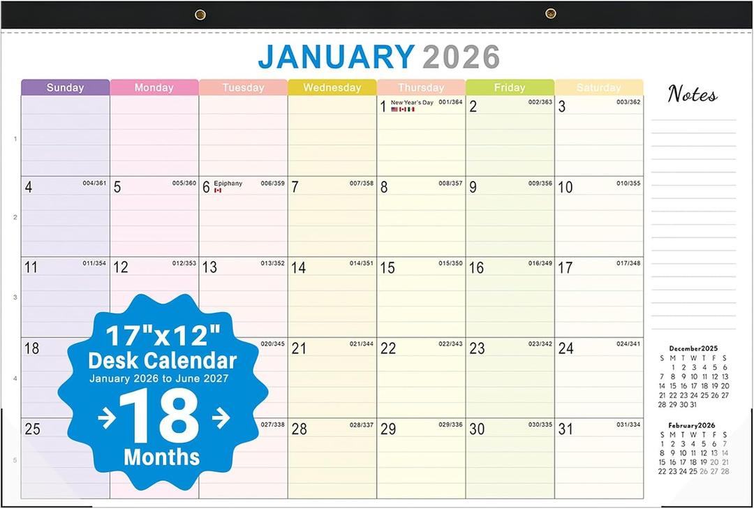 2026 Calendar Wall/ Desk Calendar 2026-2027, 17x12 Inch, Durable Plastic Cover, 18 Months (Jan 2026 - Jun 2027)