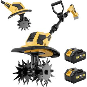 21V Cordless Tiller Cultivator, 2x4.0Ah Battery Powered Electric Garden Tiller, 360RPM Rototiller with 48 Steel Tines, 9.7" Width & 7" Depth, Lightweight Soil Tiller for Gardening (yellow)