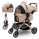 Dog stroller with 4 Wheels, Folding Cat Stroller for Small/Medium/Large dogs & cats to 60 lbs, pet stroller with removable carrier, Storage Basket,Cup Holder,3 in1 Multifunctiona Detachable (Khaki)