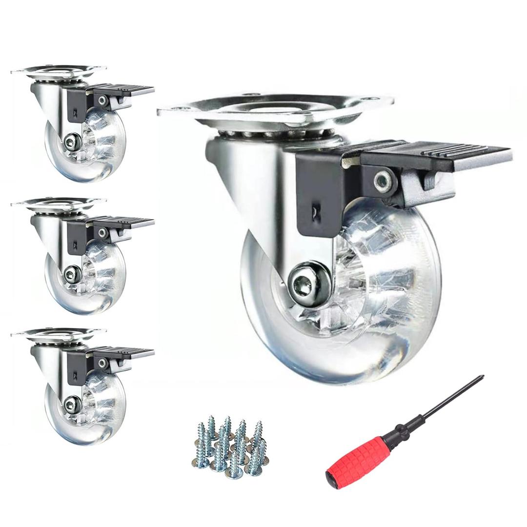 Swivel Caster Wheels 3 Inch,Heavy Duty Casters Set of 4 with Brake,800Lbs Clear Polyurethane Furniture Wheels for Workbench,Cabinet,Ottoman,BenchNot for Chair Legs