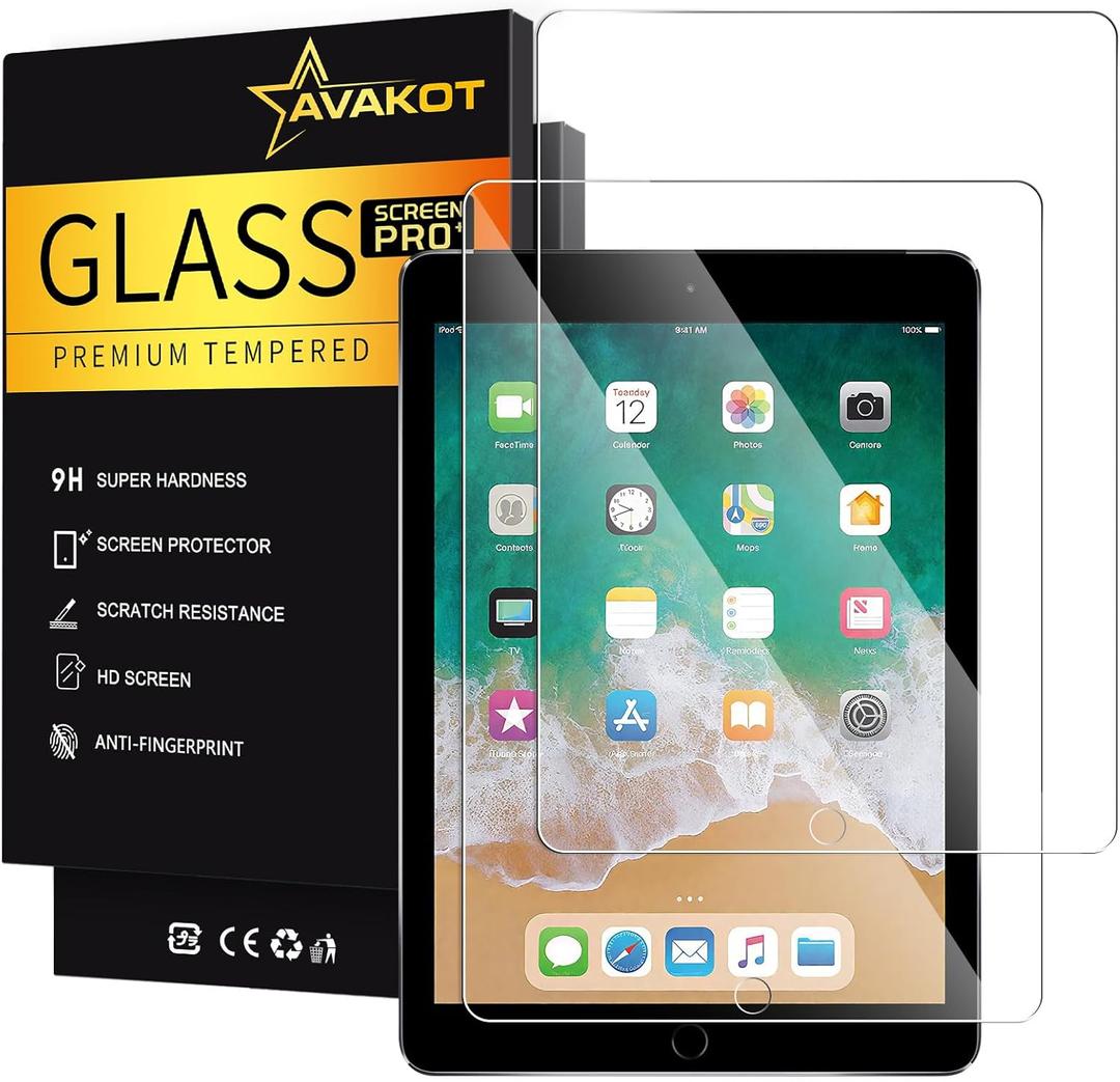avakot-2 Pack Screen Protector for iPad 6th Generation 9.7 Inch, Anti-Scratch Tempered Glass Film for iPad 5th Gen/Air 2/Air 1/Pro 9.7, Touch Sensitive Tempered Glass Screen Protector for iPad 9.7