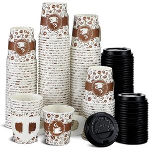 100 Set 4 oz Disposable Espresso Cups Bulk with Lids Wide Handles Small Printed Paper Disposable Coffee Cups for Hot Chocolate Tea Cocoa Wedding Party Restaurant Music Festival Home Office