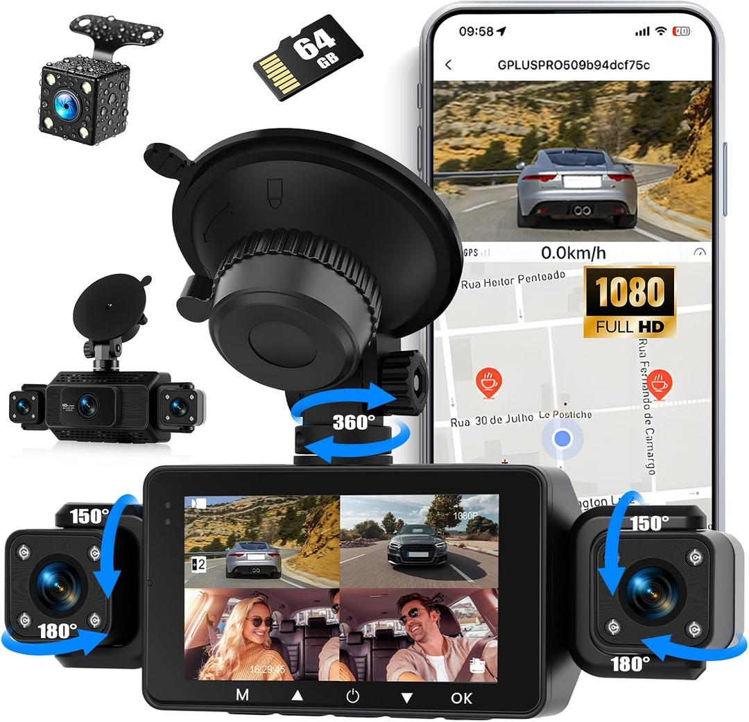 360 4 Channel 1080P Dash Cam Front and Rear Inside,3 Dash Camera for Cars Car Camera with WiFi,APP Control,IR Night Vision,Loop Recording,G-Sensor,Parking Assistance,24H Parking Monitor+64G SD