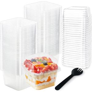 50pcs 8oz Plastic Parfait Cups with Lids and Sporks, Square Dessert Cups with Spoons, Disposable Cake Container for Party Mousse Ice Cream Pudding Snacks Fruits Cupcake