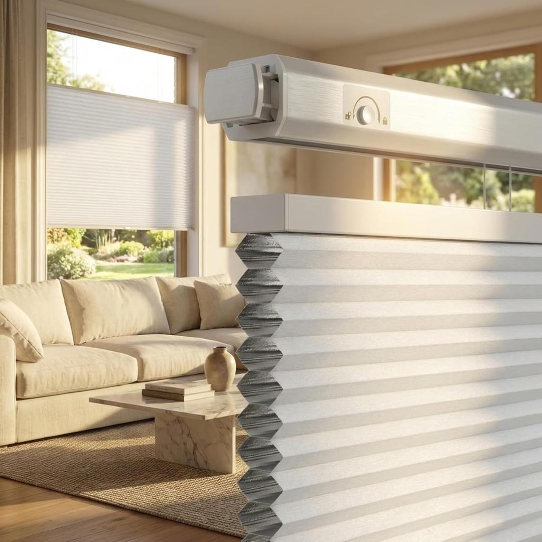 Grandekor No Drill Top Down Bottom Up Cellular Shades, 1.5 Inch Large Cell Cordless Blackout Honeycomb Blinds for Indoor Windows, Thermal Privacy, Rental Friendly White 27.5" W x 64" H