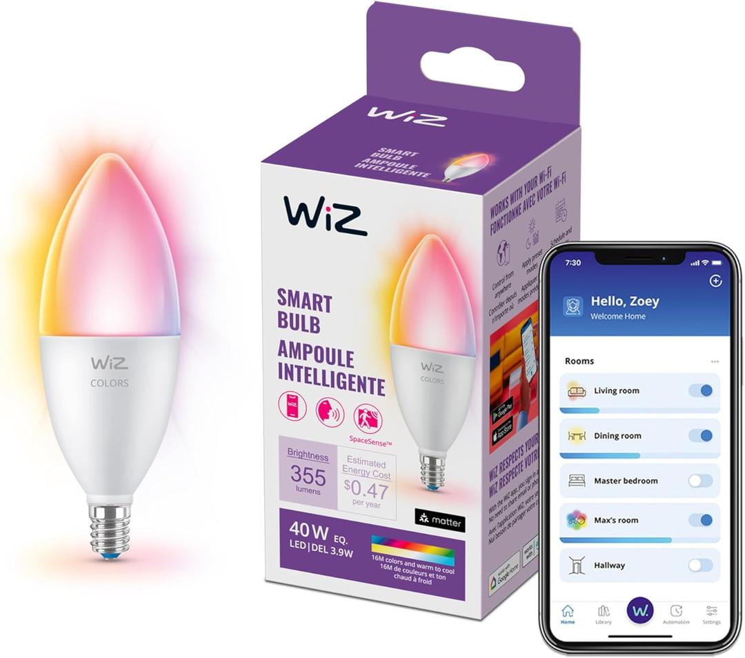 WiZ Connected 40W B12 Smart Candle-shape, E12 base, Full Color, Dimmable, 1-Pack, Indoor, Connect to Wi-Fi, Control Voice or App + Activate with Motion, Matter Compatible