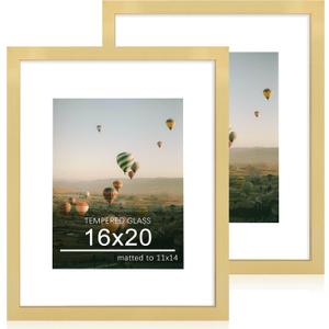 16x20 Poster Frame Set of 2, 16 x 20 Wood Picture Frames with Mat for 11x14, Wooden Photo Frame with Tempered Glass Cover for Wall Mounting Display, Gold, 16x20-2pack