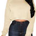 Pink Queen Crop Sweaters for Women Trendy Crew Neck Long Sleeve Fall Ribbed Pullover Cropped Knit Tops (Medium, Apricot)