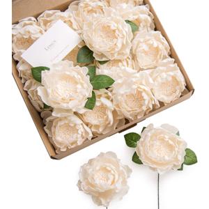Ling's Moment Flowers 16pcs Cream Blooming Peonies Artificial Flowers with Stem, Artificial Peony Flowers for DIY Wedding Decorations Centerpieces Bouquets Boutonnieres