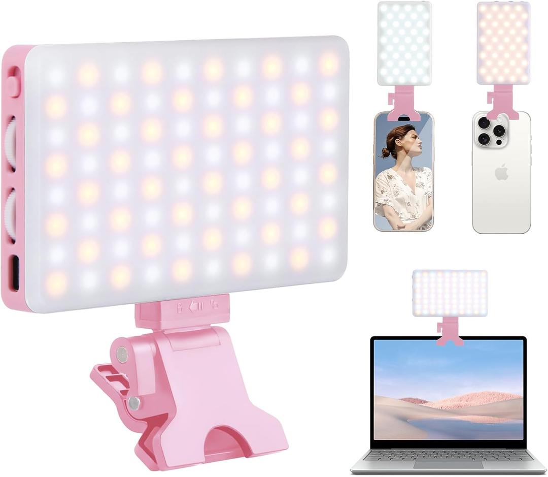 Inspack 80 LED Selfie Light for iPhone, Portable Phone Clip for Tiktok Video Recording, Zoom Calls Lighting Computer, High Power Rechargeable with 3 Light Modes, Laptop Conferencing, Pink