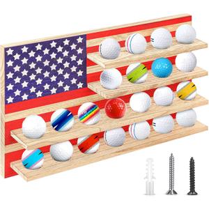 Patriotic Golf Ball Holder Display Shelf for 22 Balls 16 x 10 Inch Wood Golf Ball Display Stand with American Flag Golf Lover's Gift for Christmas, No Door