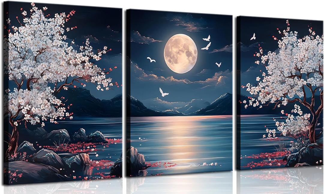 3Pcs Cherry Blossom Moon Lake Canvas Wall Art Nature Landscape Wall Decor Pictures Japanese Aesthetics Floral Posters Prints for Home Office Living Room Decoration 12x16in