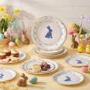 Qinyoung 50 Pcs Easter Bunny Disposable Plates 9 Inch Blue Rabbit Paper Plates Retro Gold Round Bunny and Bow Easter Dinnerware for Spring Baby Shower Birthday Party Table Supplies