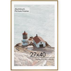 27x40 Metal Picture Frame For Wall With Mat For 24x36, 27''x40'' Aluminum Photo Frames With Tempered Glass For Home Decor, Minimalist Modern Poster Frame Horizontal And Vertical Formats, Bronze, 27''x40''-1P Real Glass