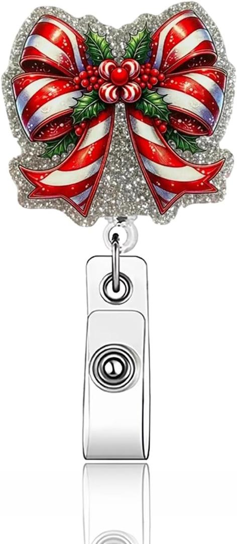 Christmas Bow Retractable Badge Reel Glitter Acrylic Badge Clip Cute Bow Retractable Badge Holder with Alligator Clip Winter Xmas ID Badge Holder for for Nurse Doctor Medical Worker & Teacher