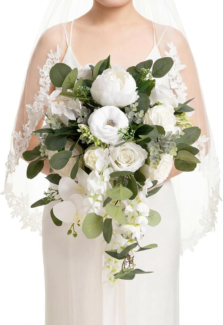 Ling's moment White Bridal Bouquet Cascading, White Wedding Bouquets for Bride, 13 Inch Ivory Bride Bouquets for Wedding Artificial Flowers Bouquets (Wht-natural Whites)