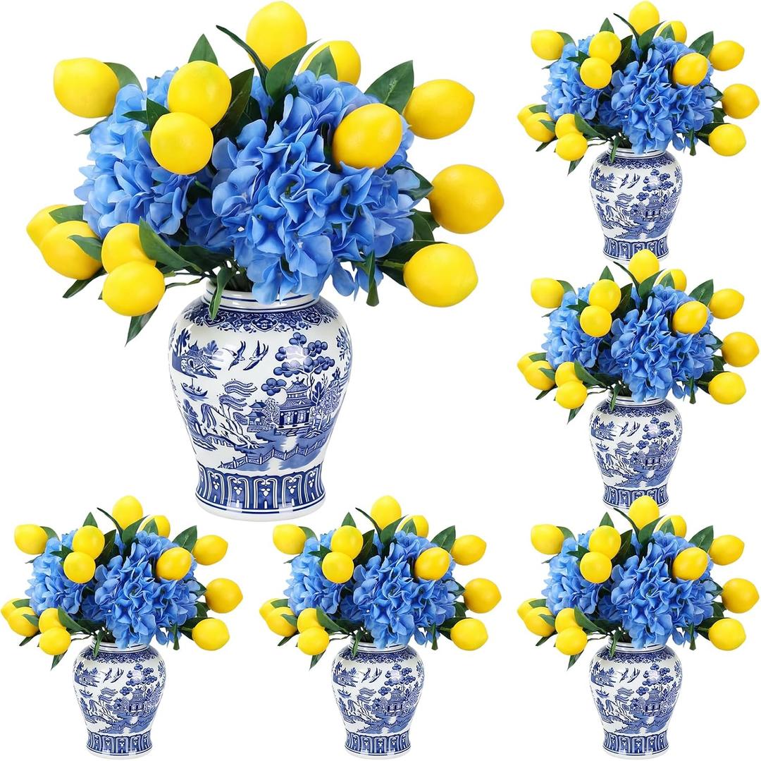 Giegxin 6pcs Amalfi Coast Party Decorations Capri Theme Table Centerpieces Mediterranean Decor 28.3" Artificial Blue Hydrangea and Lemon Branches Set for Wedding Capri Italian Themed Party Decor