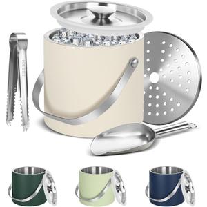 Ice Bucket, Ice Bucket with Silicone Sealing Ring Double-Wall Vacuum Insulation Champagne Buckets with Filter Layer Ice Tongs Ice Scoop (White, 3 L)