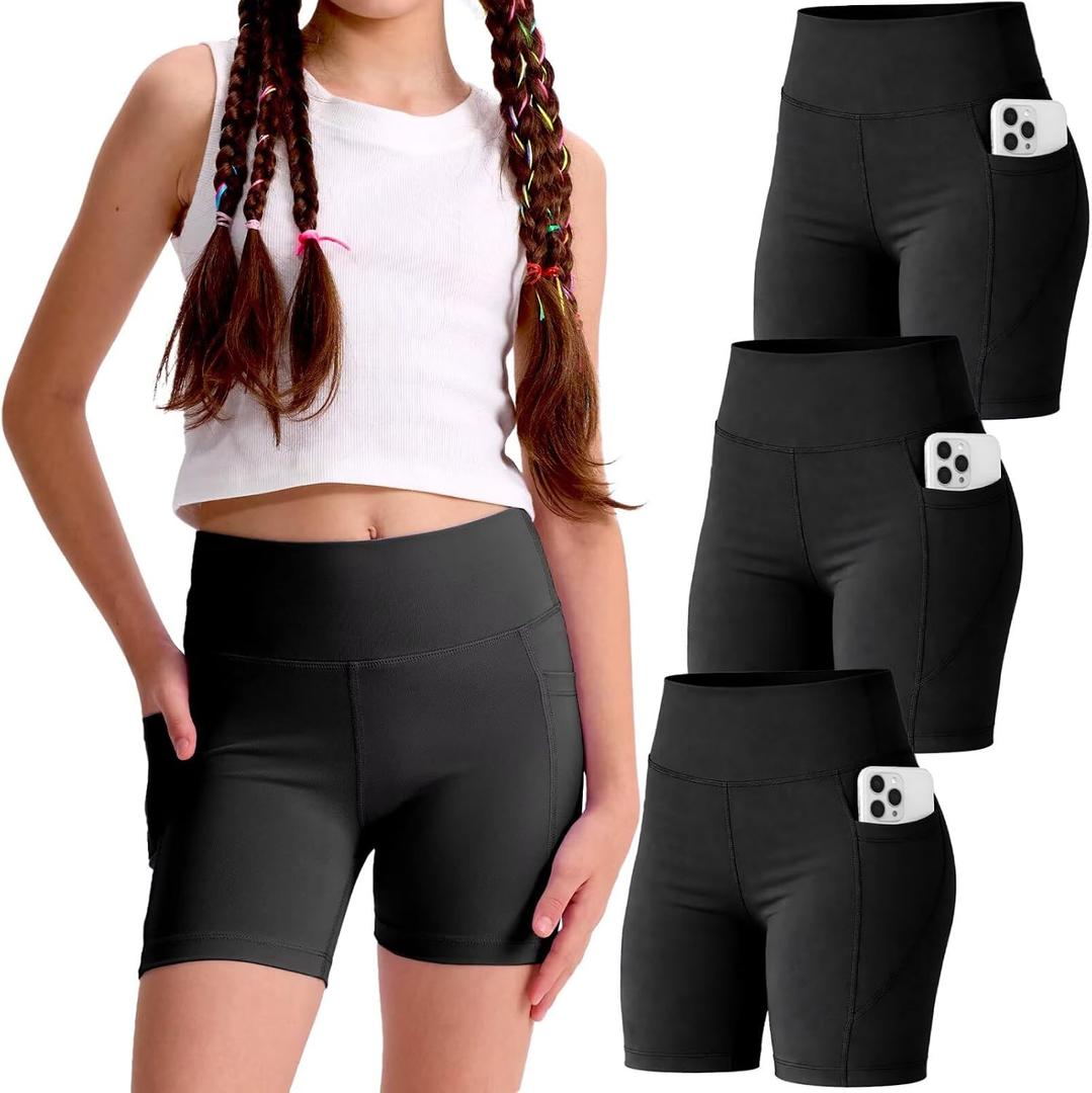 3 Pack Girls 4'' Biker Shorts with Pockets, High Waisted Athletic Running Yoga Shorts for Kids Teen, Size XL