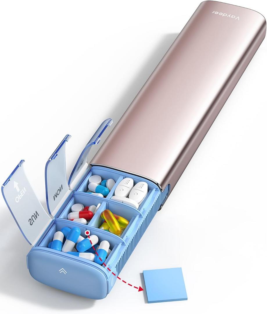 Vaydeer 7 Day Weekly Pill Organizer (Support 2 Times a Day), Metal Travel Pill Case, Large Capacity Daily Cute Pill Box for Supplements, Pills, Vitamins and Medication (Rose Gold)