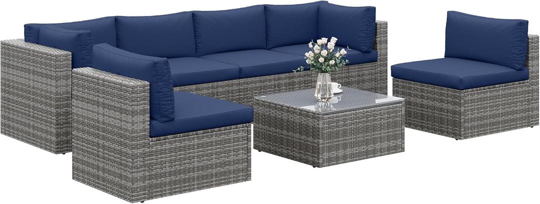 FansaFurn 7Piece Modular Patio Furniture Set, Wicker Outdoor Sectional Sofa with Cushions and Coffee Table, All Weather Patio Conversation Sets for Porch Balcony Backyard, Navy Blue