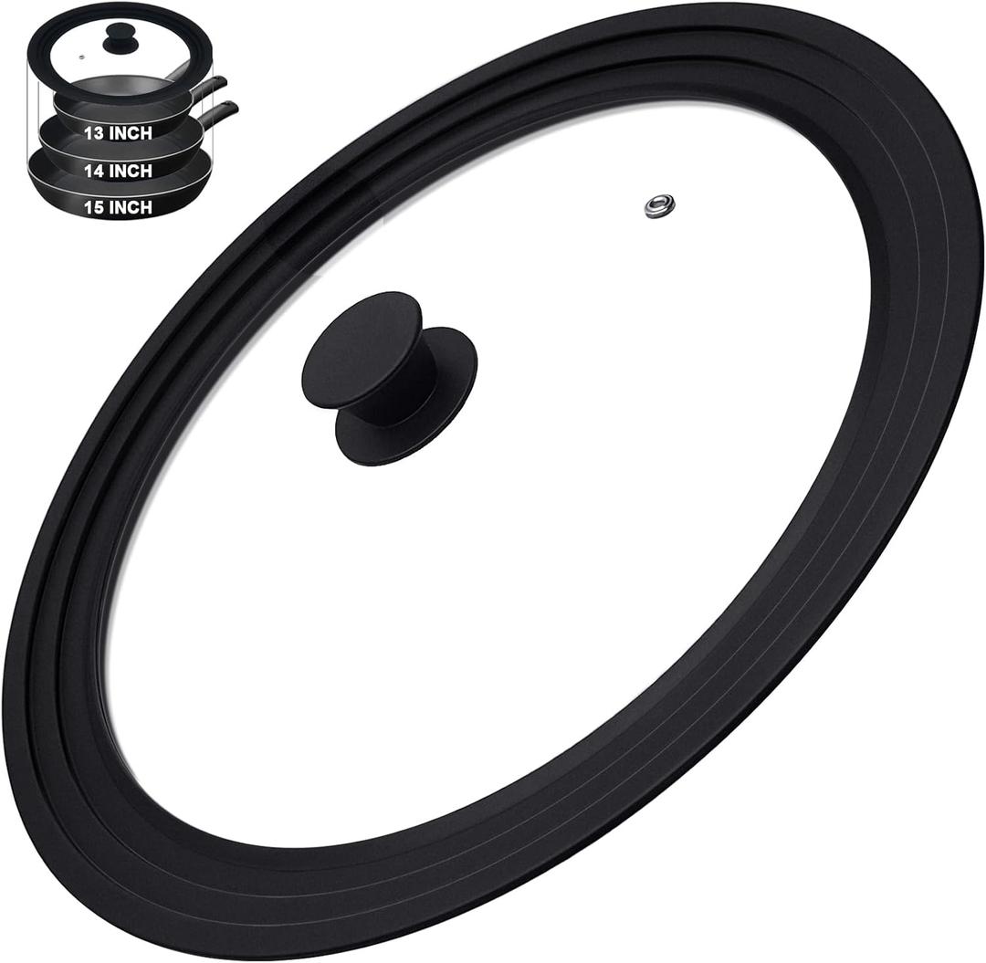 15 Inch Universal Pan Lid, Heat Resistant Frying Pan Lid, Silicone & Tempered Glass Lid for 13-15 Inch Pots and Pans