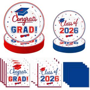 200 Pcs Graduation Table Decorations Party Supplies - Red Blue Graduation Plates and Napkins Class of 2026 Disposable Dinnerware Set for College High School Congrats Grad Party Favors, Serve 50