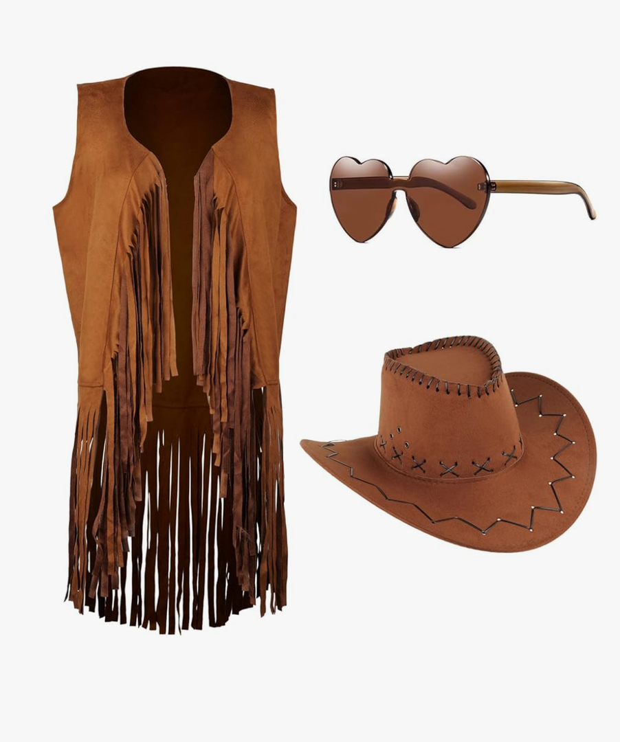 Cowgirl Outfits for Women 60s 70s Hippie Sleeveless Fringe Vest with Cowboy Hat and Sunglasses Halloween Costumes, Size Large