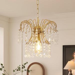 DELIPOP Modern Crystal Pendant Light, Gold Retro Crystal Pendant Chandelier, Adjustable Hanging Small Pendant Light Fixture for Entryway, Bedroom, Kitchen Island