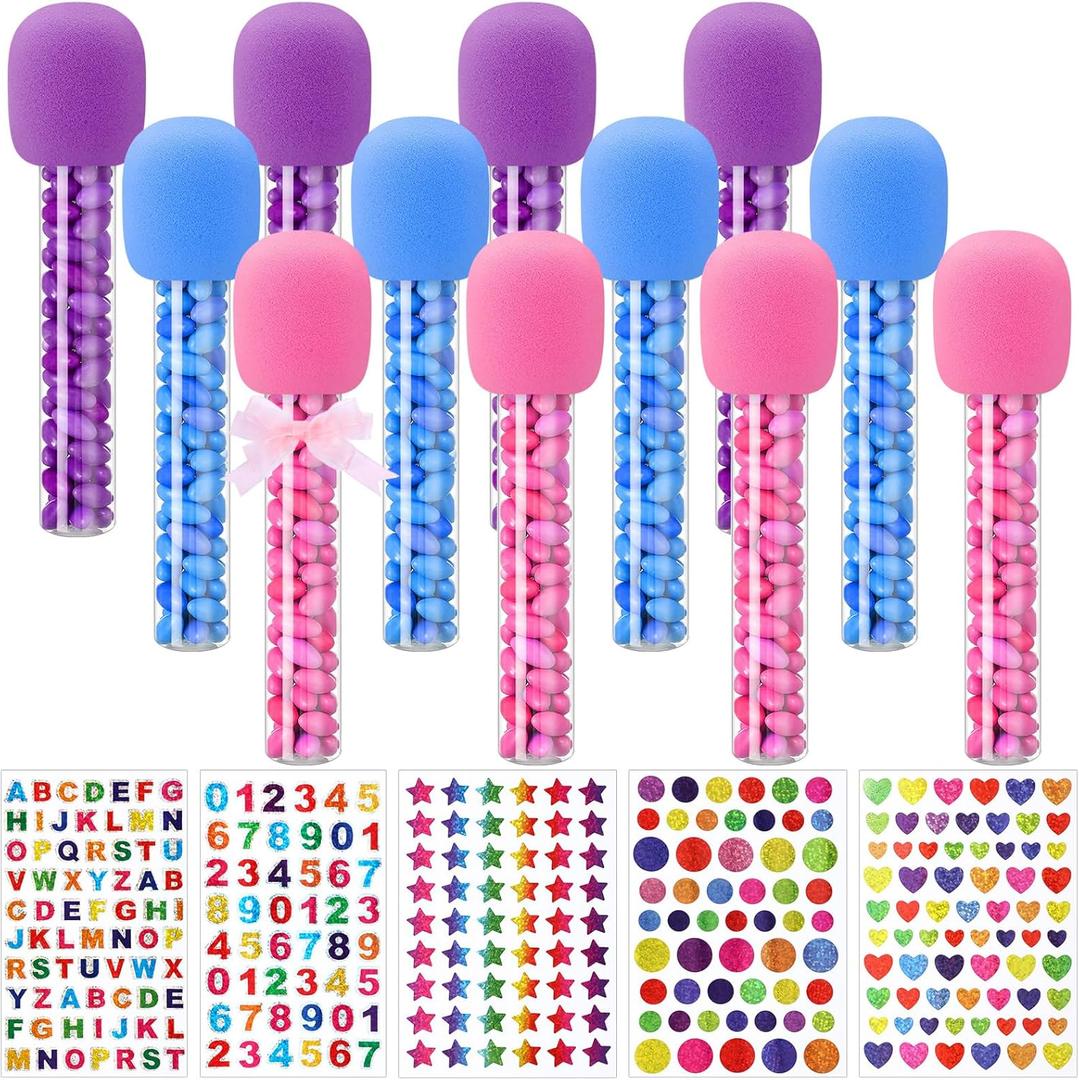 12 Pcs Microphone Candy Tubes Kpop Themed Birthday Party Decor 10'' Fake Plastic Microphone Prop Toy with Stickers for Karaoke Disco Singer Stage Favors, Candy Not Included (Purple, Pink, Blue)
