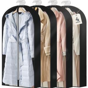 4 pack 60" Clear Garment Bags for Hanging Clothes, Suit Bags for Closet Storage, Clothing Storage, Garment Bags for Travel Covers with 4" Gussets for Coats, Jackets, Shirts, Dresses & Sweater, Black