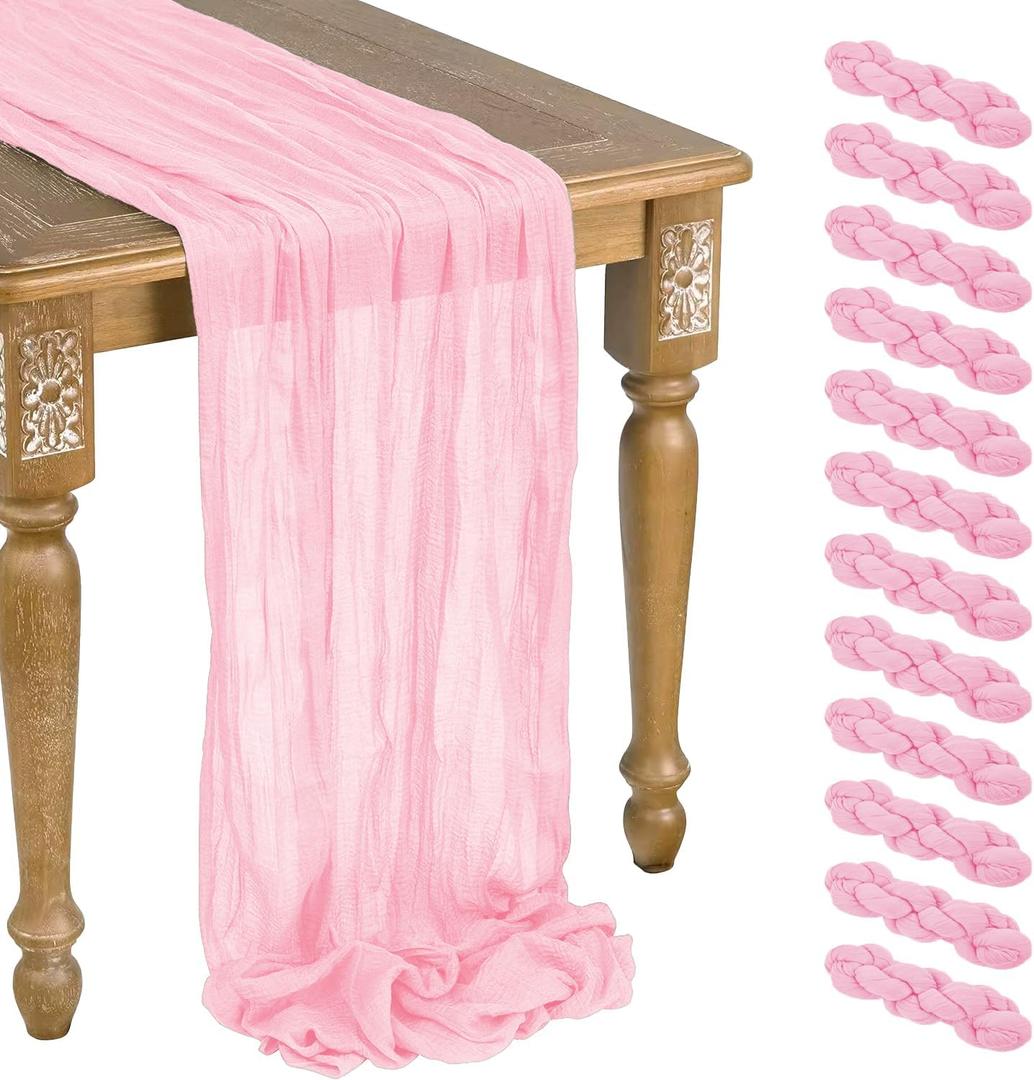 12 Pack Rose Gold Cheesecloth Table Runner 10ft Boho Gauze Cheese Cloth Table Runner Rustic Sheer Runner 120 inch Long for Christmas Wedding Bridal Baby Shower Birthday Table Decorations