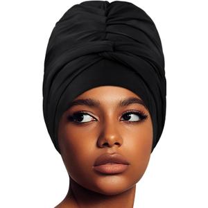 Swim Turban Waterproof Silicone Lined Swim Cap Long Hair Swim Caps for Women Youth - Large Swim Caps (Black)